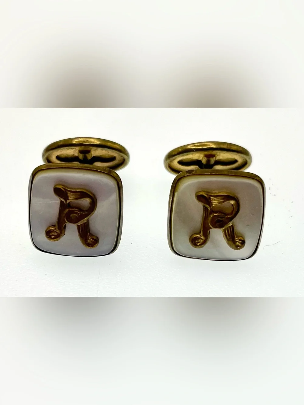 Vintage Mother of Pearl Monogram R Cufflinks Gold Tone Mid Century
